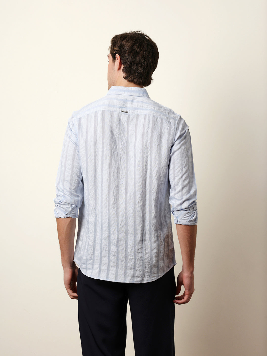 Light Blue Slim Fit Casual Shirt with Woven Semi-Transparent Vertical Stripes