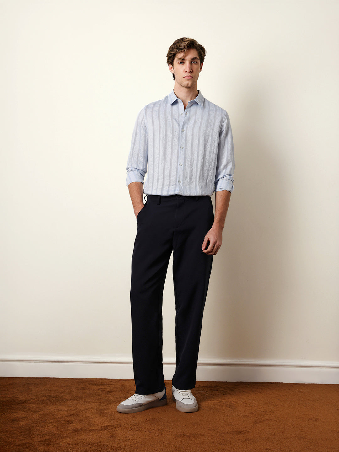 Light Blue Slim Fit Casual Shirt with Woven Semi-Transparent Vertical Stripes