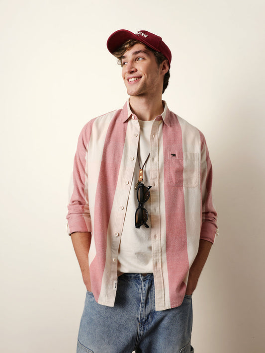 Red & Cream Woven Striped Flannel Regular Fit Casual Shirt