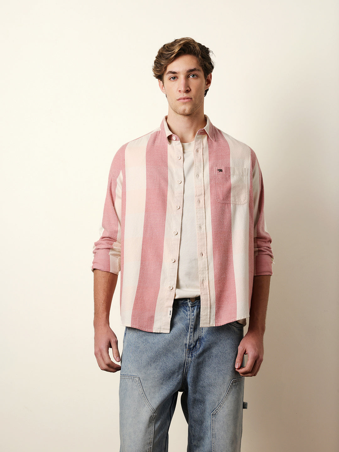 Red & Cream Woven Striped Flannel Regular Fit Casual Shirt
