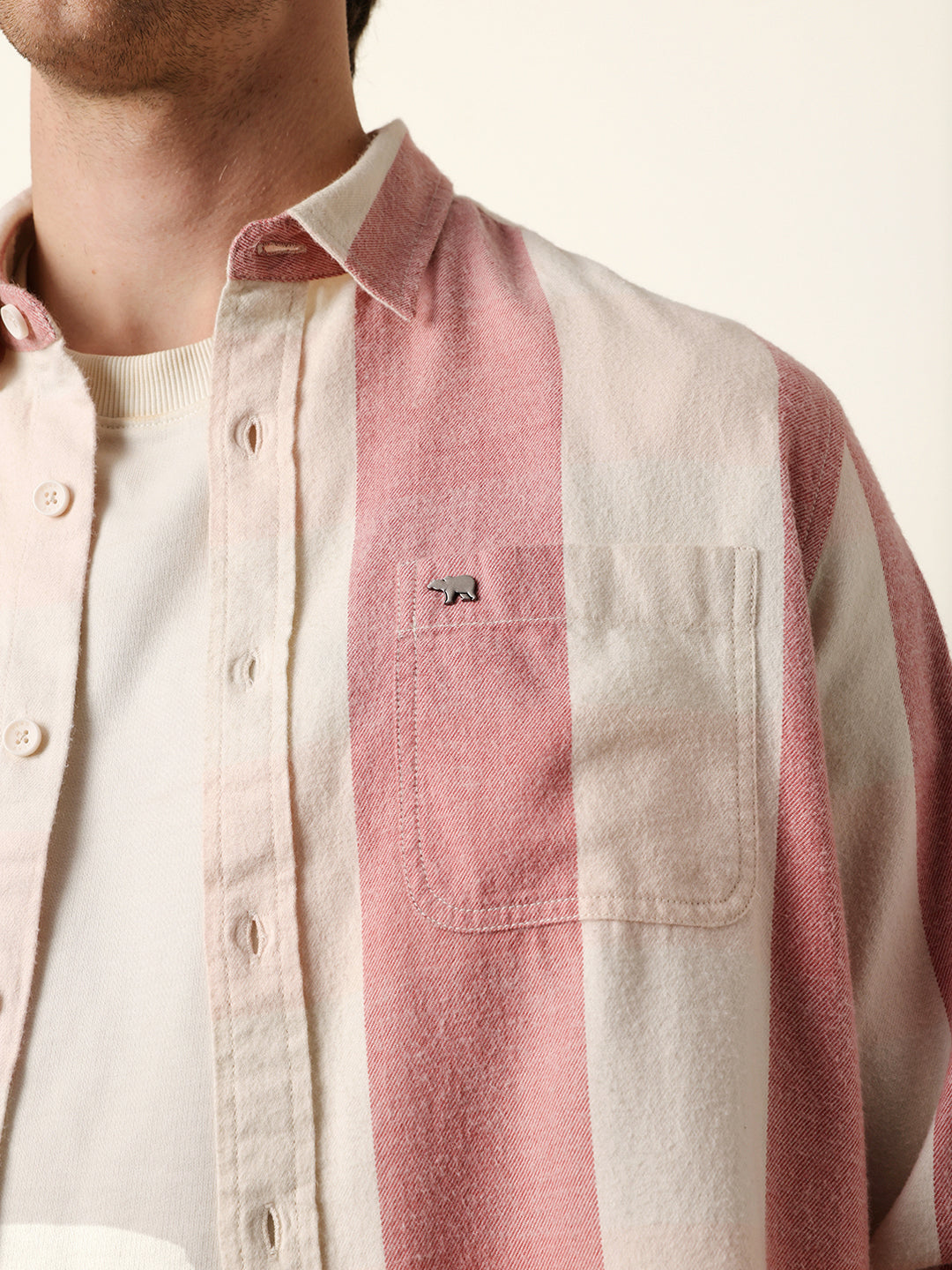 Red & Cream Woven Striped Flannel Regular Fit Casual Shirt