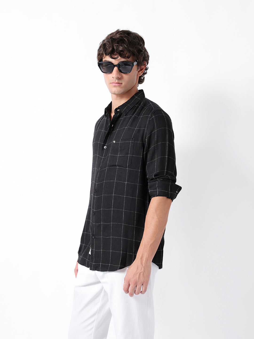 Black Slim Fit Casual Shirt with Woven Block Checks