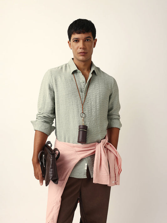 Light Green Crinkle Textured Slim Fit Casual Shirt