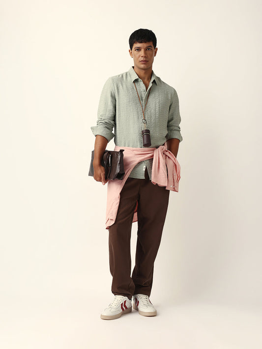 Light Green Crinkle Textured Slim Fit Casual Shirt