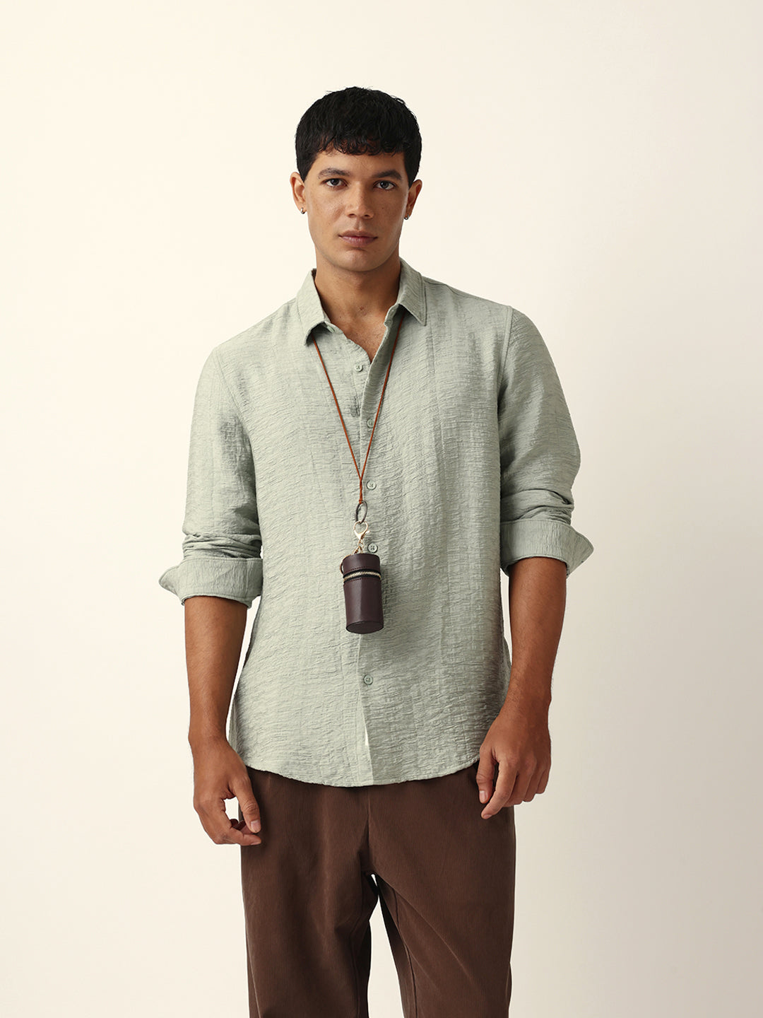 Light Green Crinkle Textured Slim Fit Casual Shirt