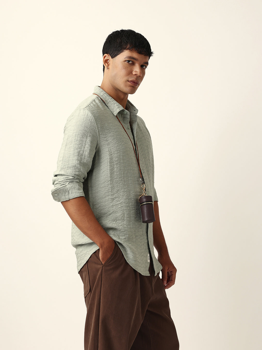 Light Green Crinkle Textured Slim Fit Casual Shirt