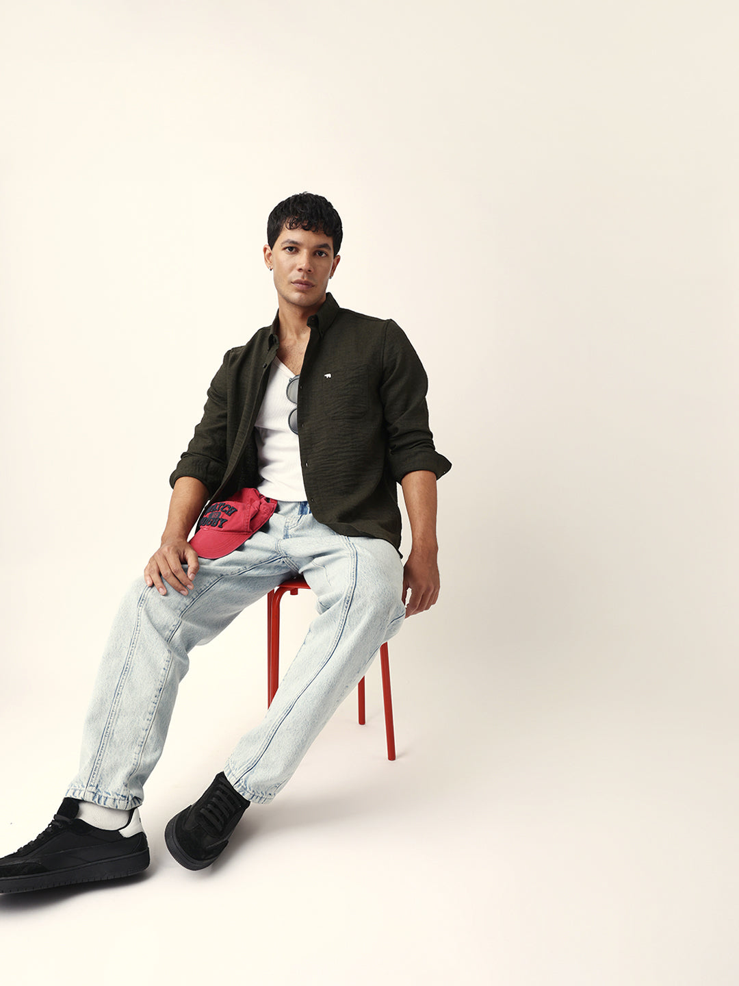 Olive Slim Fit Casual Shirt with Woven Textured Design