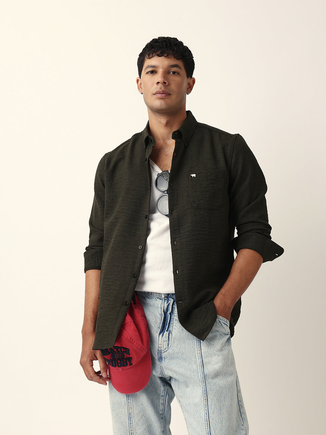 Olive Slim Fit Casual Shirt with Woven Textured Design