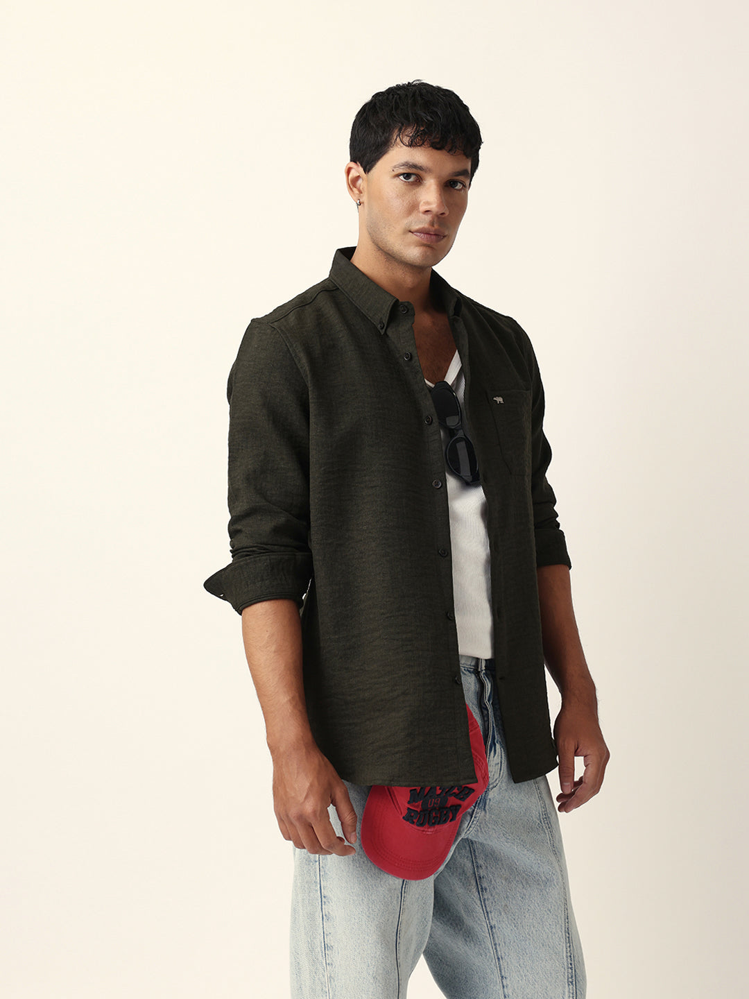 Olive Slim Fit Casual Shirt with Woven Textured Design