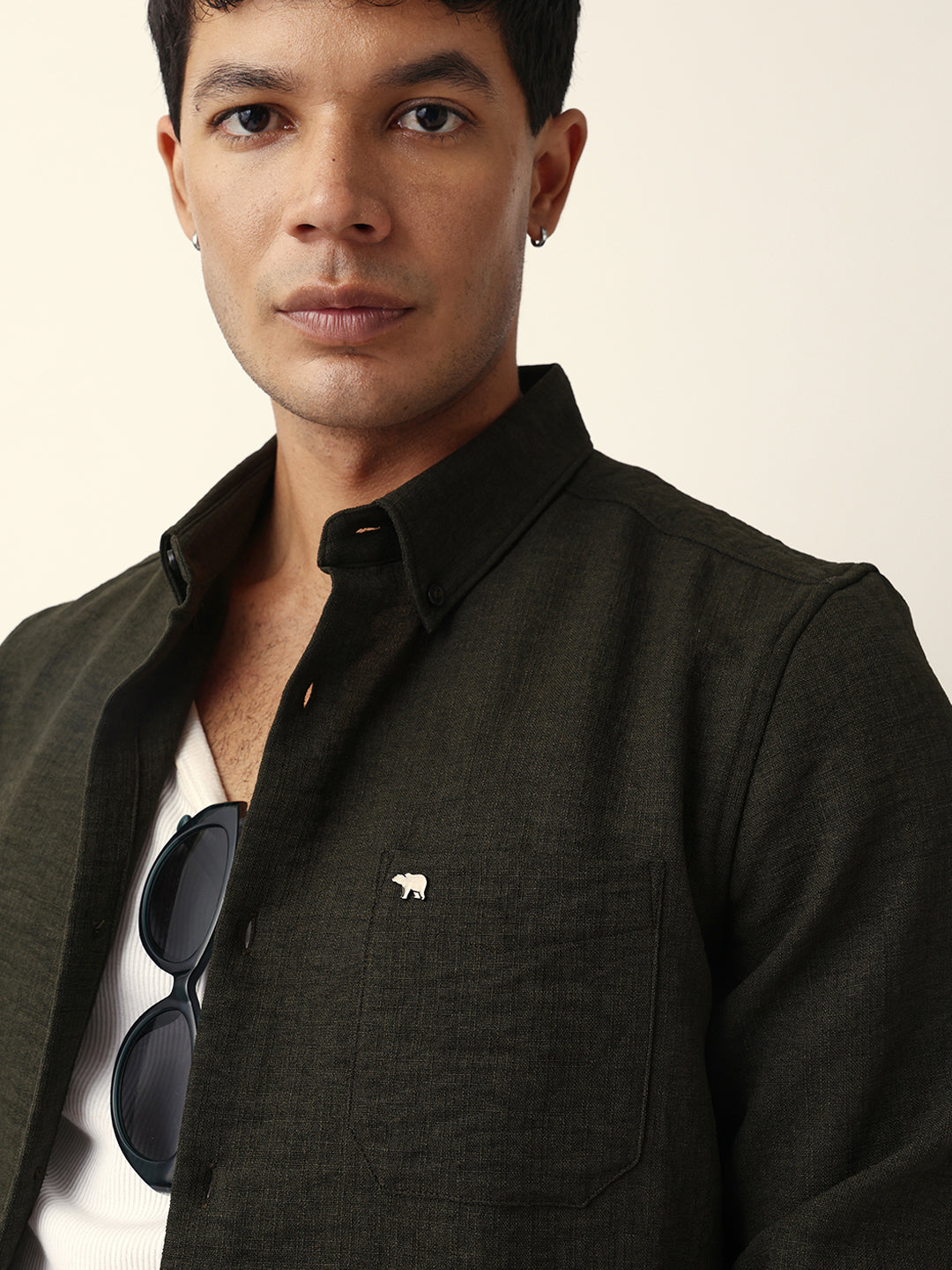 Olive Slim Fit Casual Shirt with Woven Textured Design
