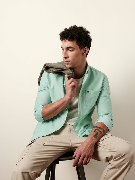 Green Solid Cotton Slim Fit Casual Shirt