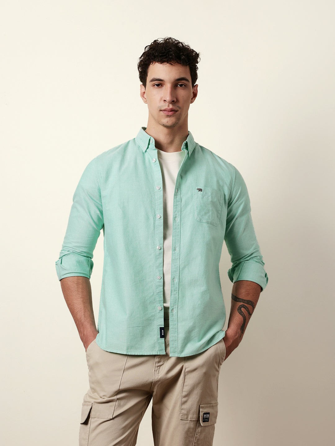 Green Solid Cotton Slim Fit Casual Shirt