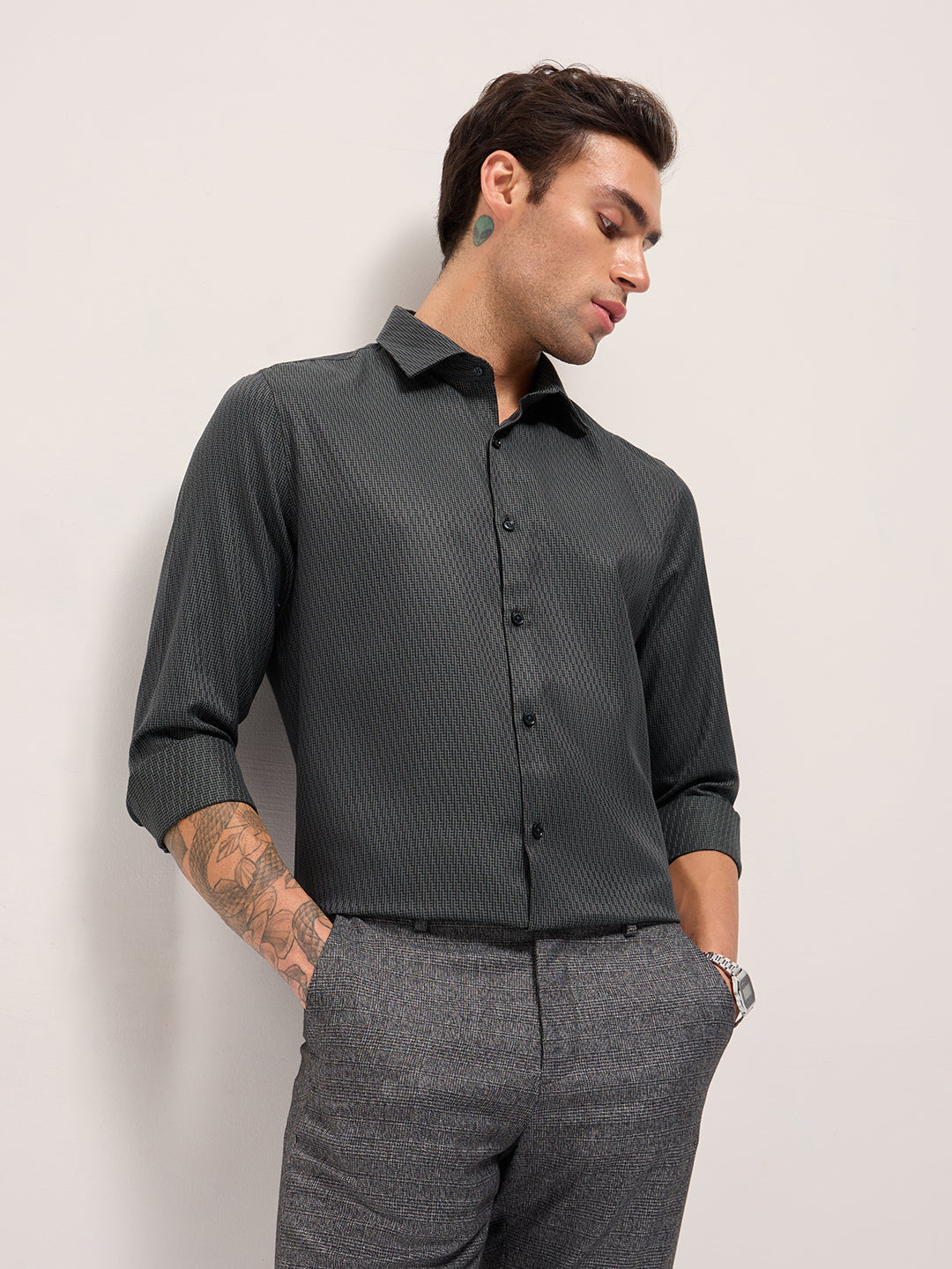 Green Woven Design Tailored Fit Formal Shirt