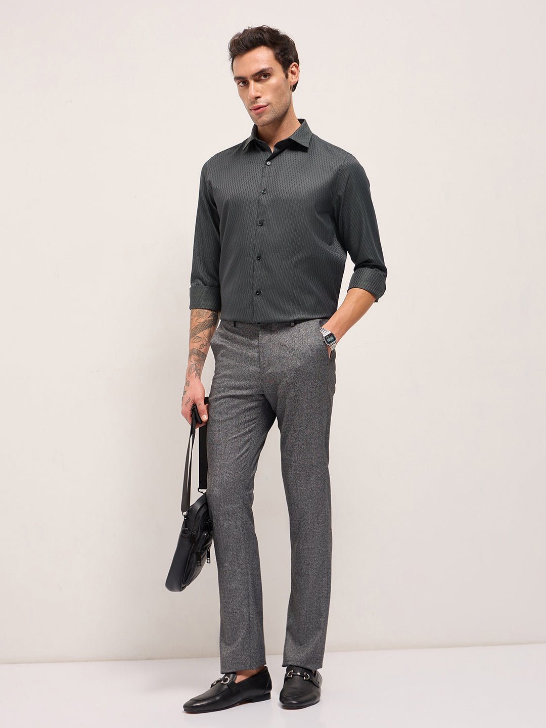 Green Woven Design Tailored Fit Formal Shirt