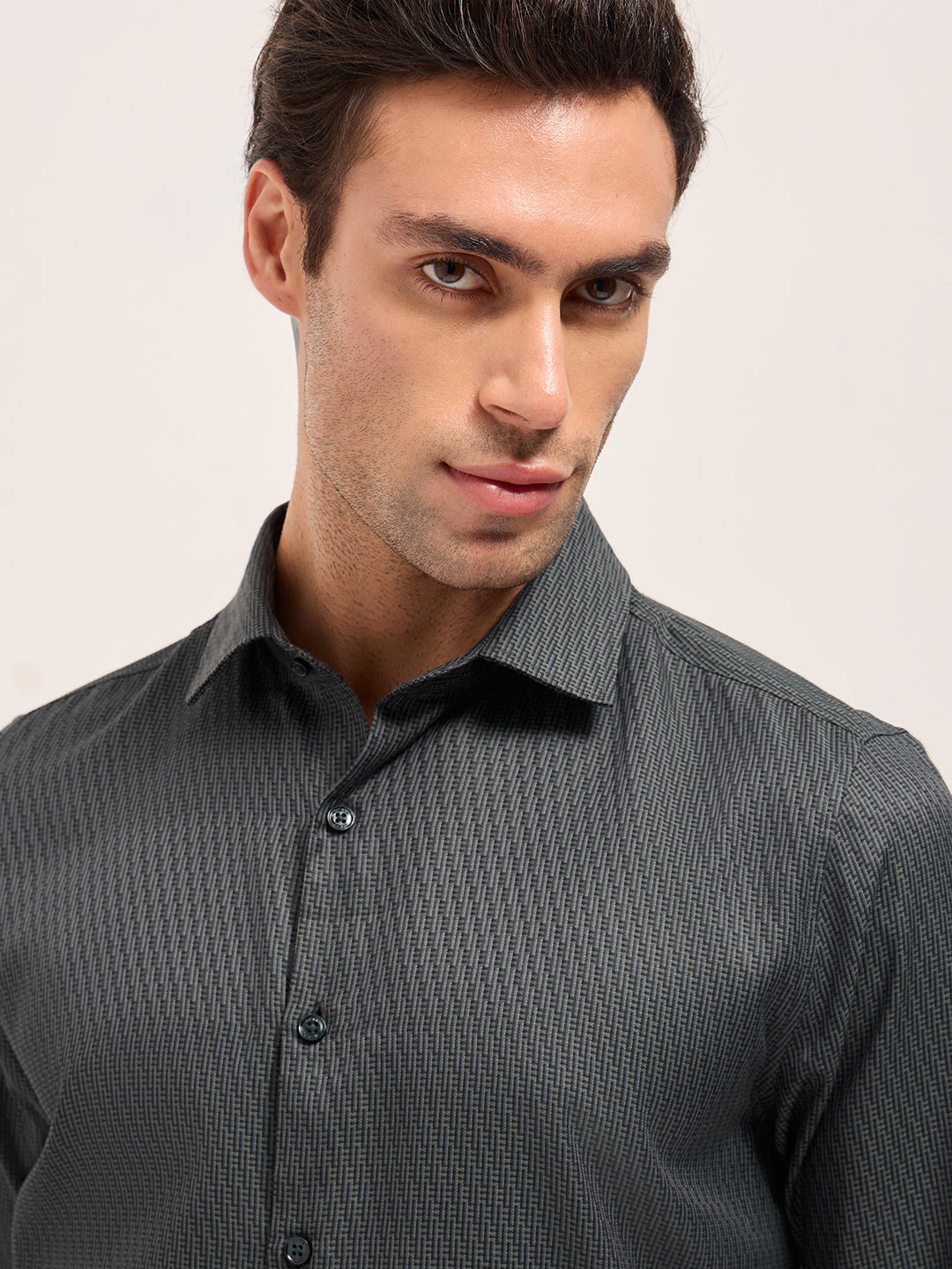 Green Woven Design Tailored Fit Formal Shirt