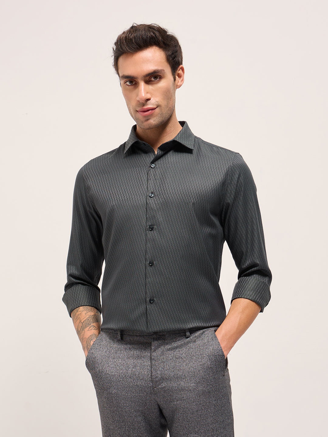 Green Woven Design Tailored Fit Formal Shirt