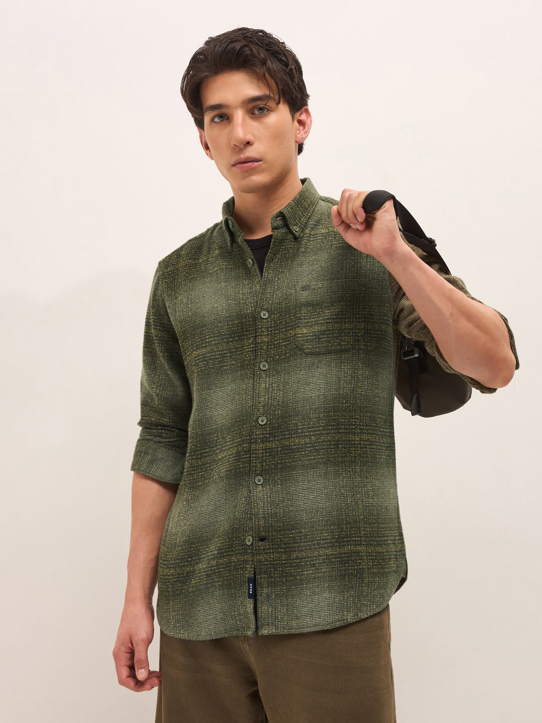 Green Woven Check Flannel Slim Fit Casual Shirt