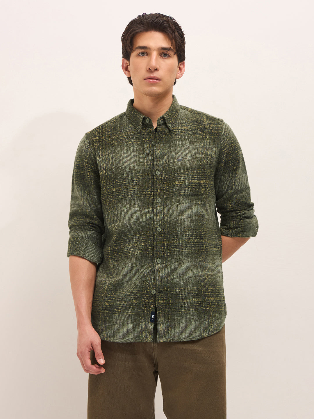 Green Woven Check Flannel Slim Fit Casual Shirt