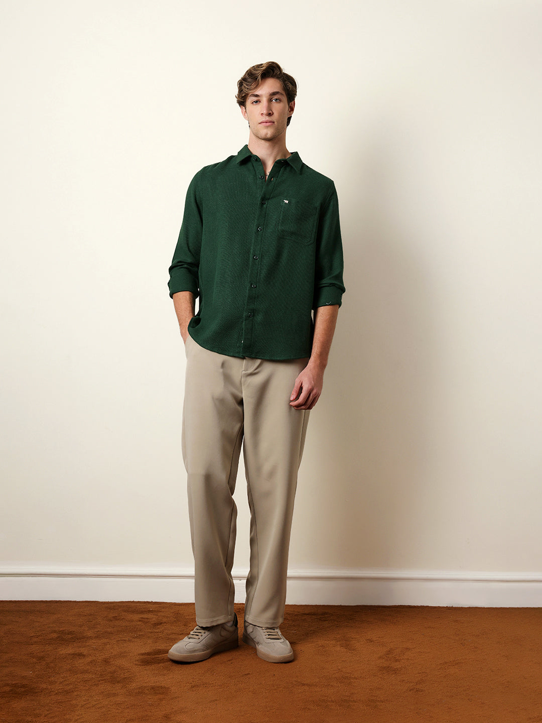 Green Woven Textured Regular Fit Casual Shirt
