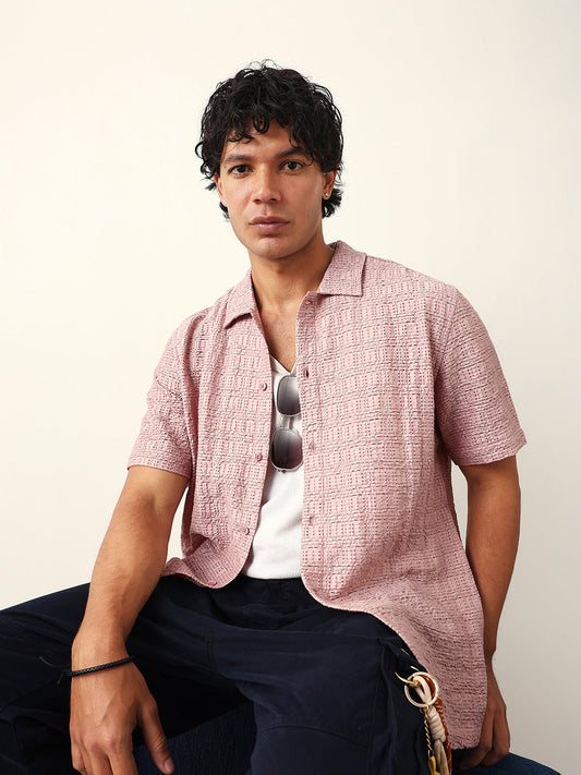 Light Pink Textured Geometric Relaxed Fit Casual Half Sleeve Shirt