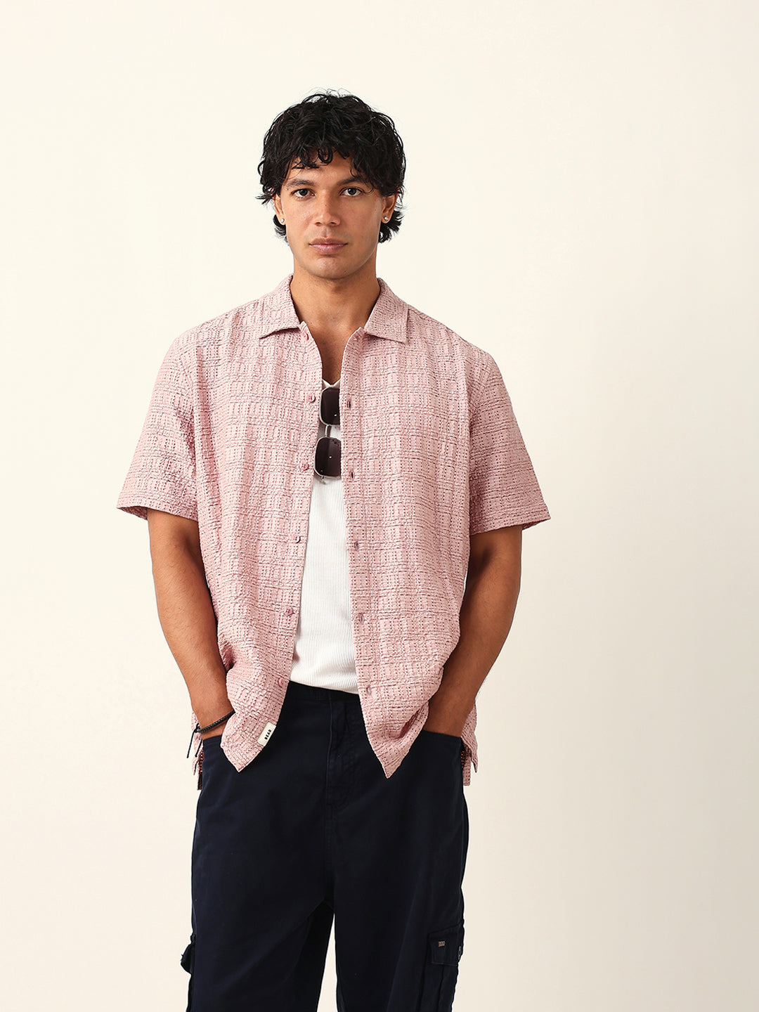 Light Pink Textured Geometric Relaxed Fit Casual Half Sleeve Shirt