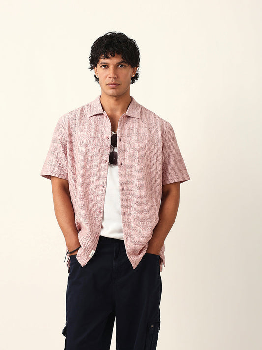 Light Pink Textured Geometric Relaxed Fit Casual Half Sleeve Shirt