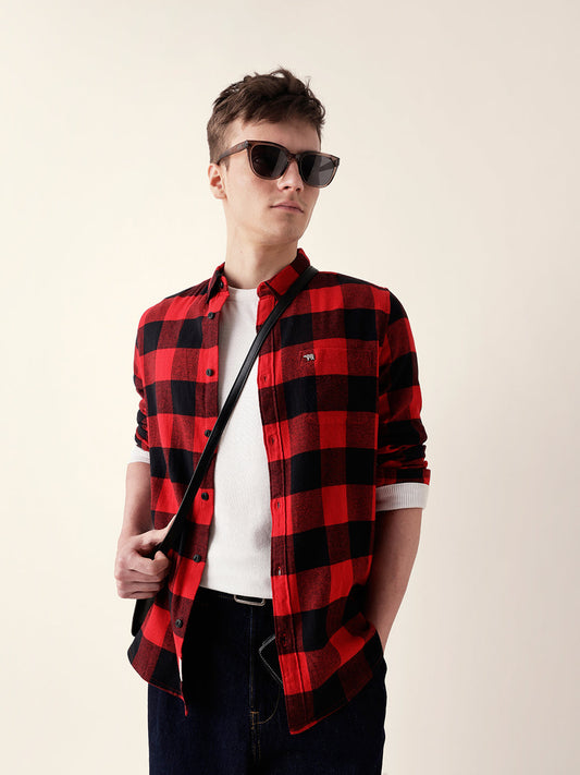 Red & Black Block Checked Slim Fit Casual Shirt