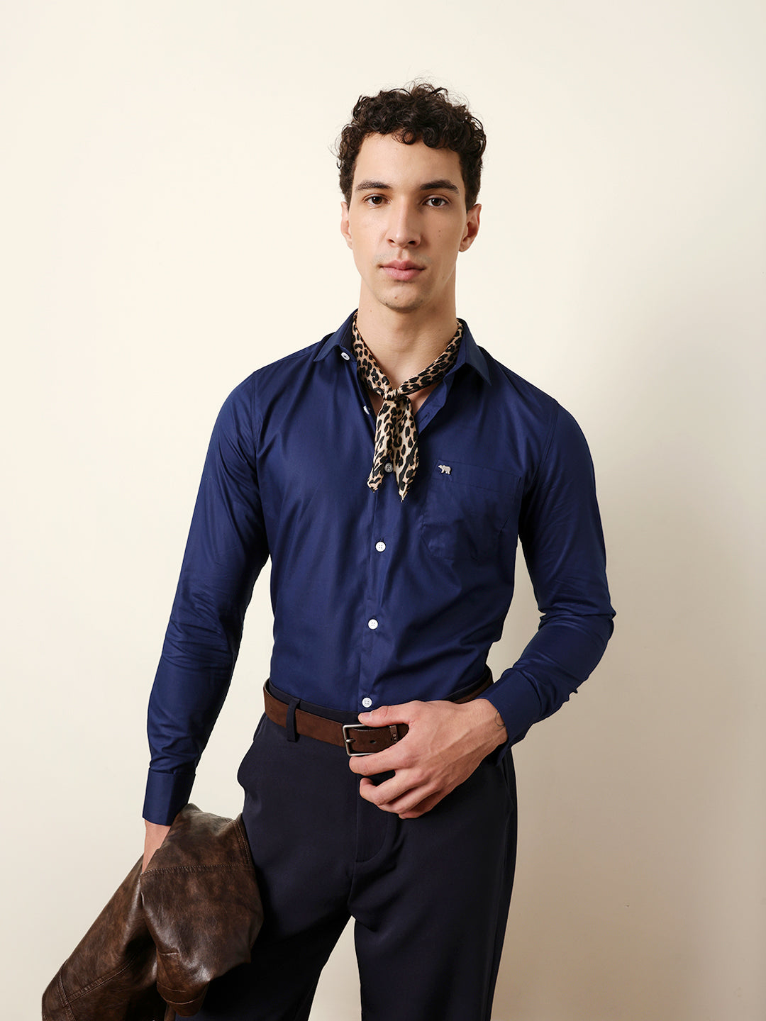 Navy Blue Solid Tailored Fit Formal Shirt with French Cuffs
