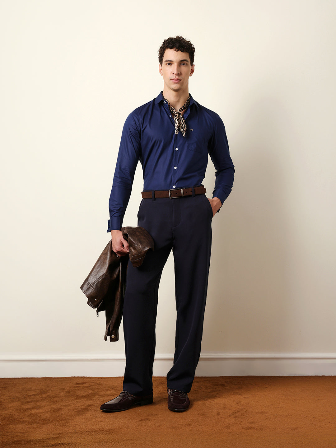 Navy Blue Solid Tailored Fit Formal Shirt with French Cuffs