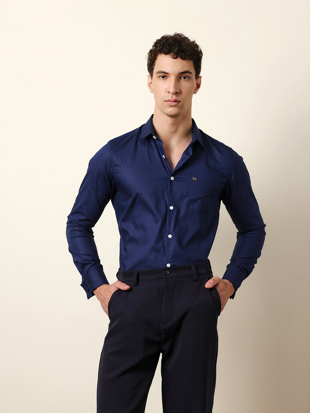 Navy Blue Solid Tailored Fit Formal Shirt with French Cuffs