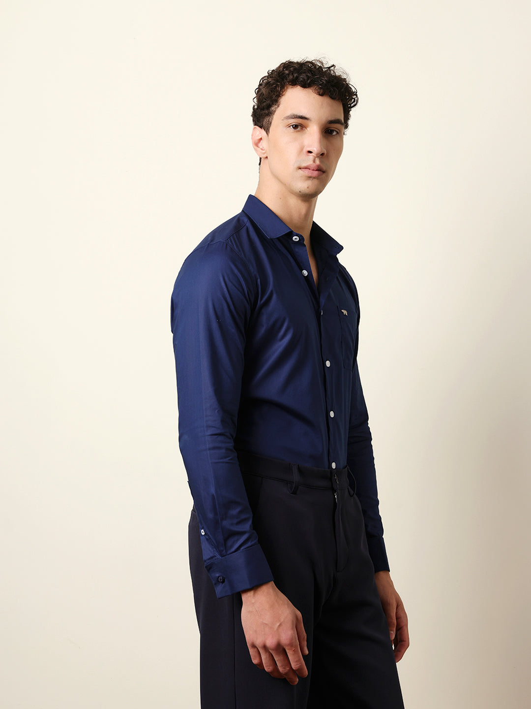 Navy Blue Solid Tailored Fit Formal Shirt with French Cuffs