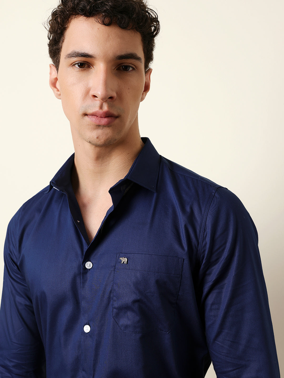 Navy Blue Solid Tailored Fit Formal Shirt with French Cuffs