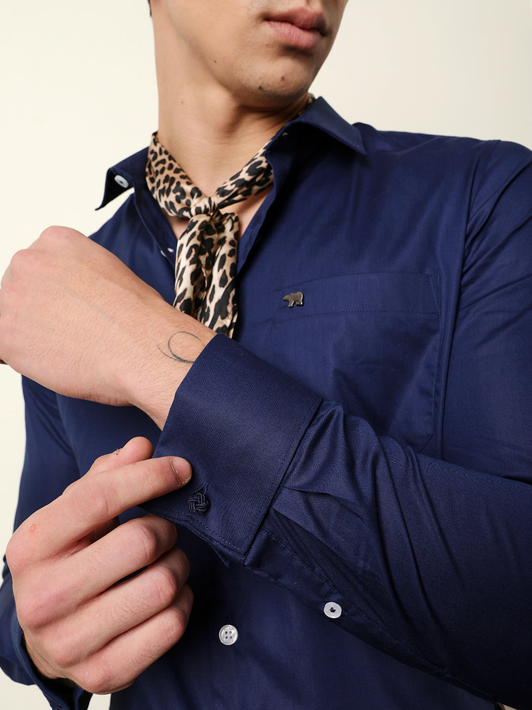 Navy Blue Solid Tailored Fit Formal Shirt with French Cuffs