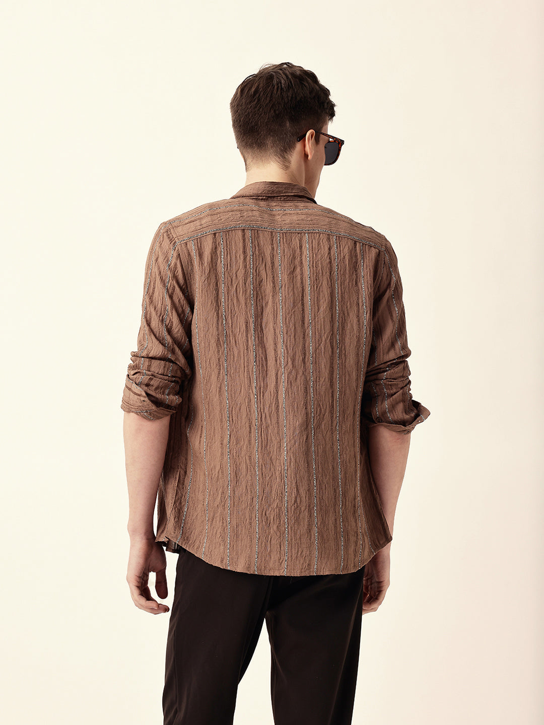 Rust Vertical Seersucker Pinstripe Slim Fit Casual Shirt
