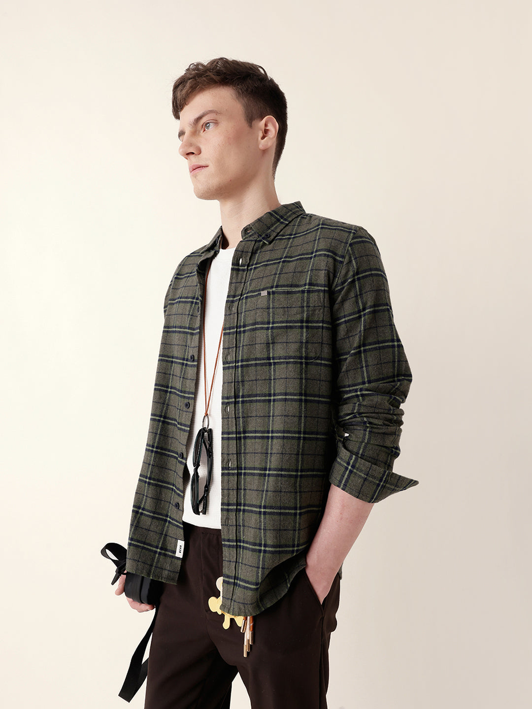 Green Flannel Woven Checked Slim Fit Casual Shirt