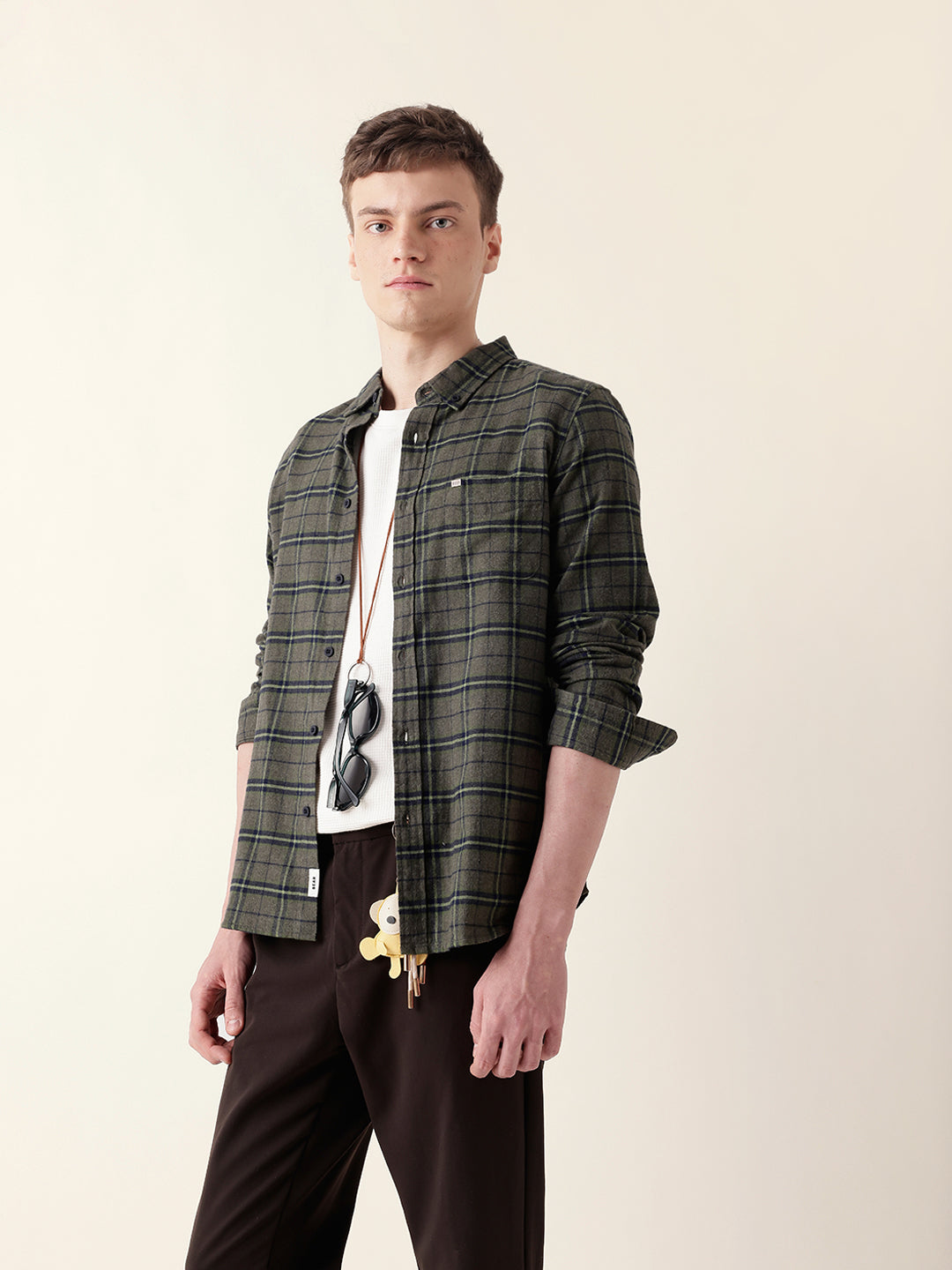 Green Flannel Woven Checked Slim Fit Casual Shirt