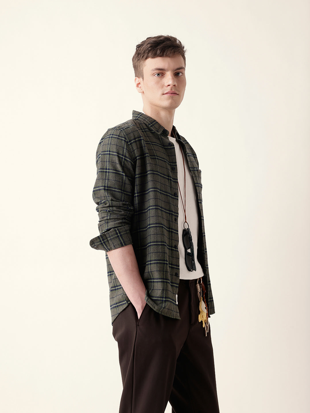 Green Flannel Woven Checked Slim Fit Casual Shirt