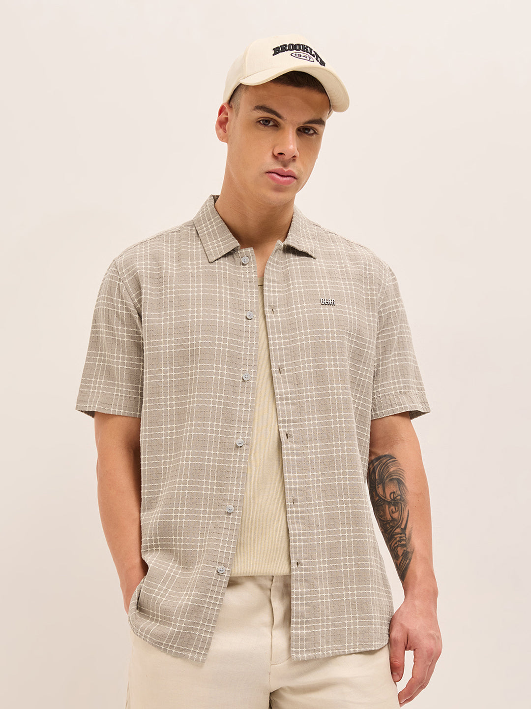 Beige Textured Checked Regular Fit Half-Sleeve Casual Shirt