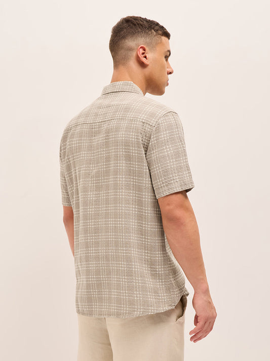 Beige Textured Checked Regular Fit Half-Sleeve Casual Shirt
