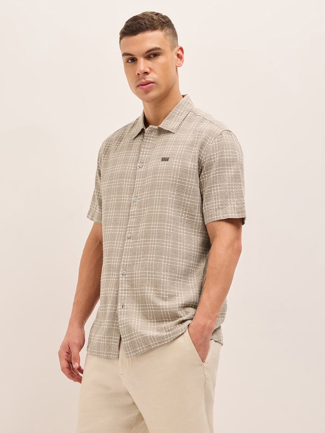 Beige Textured Checked Regular Fit Half-Sleeve Casual Shirt