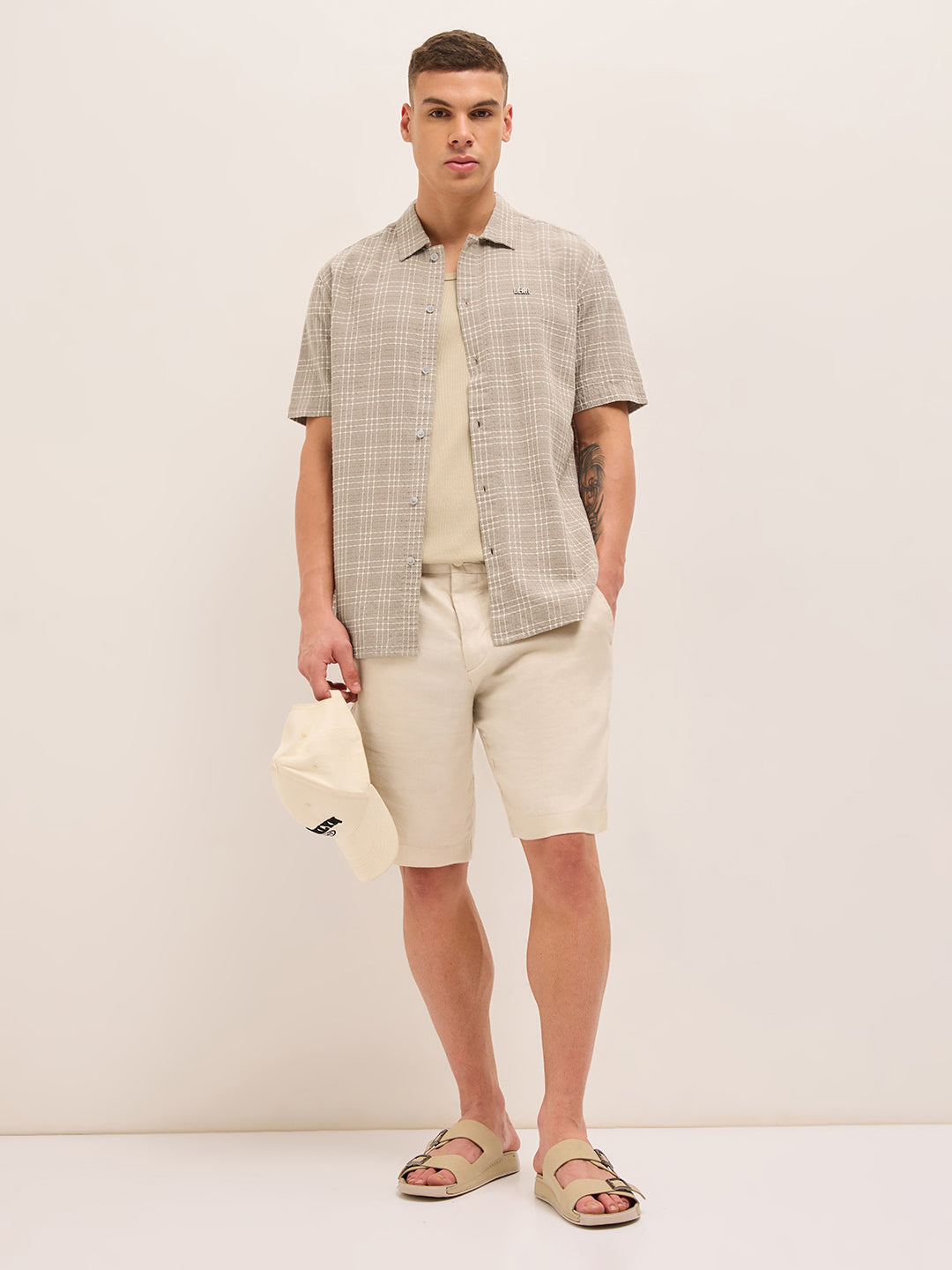 Beige Textured Checked Regular Fit Half-Sleeve Casual Shirt