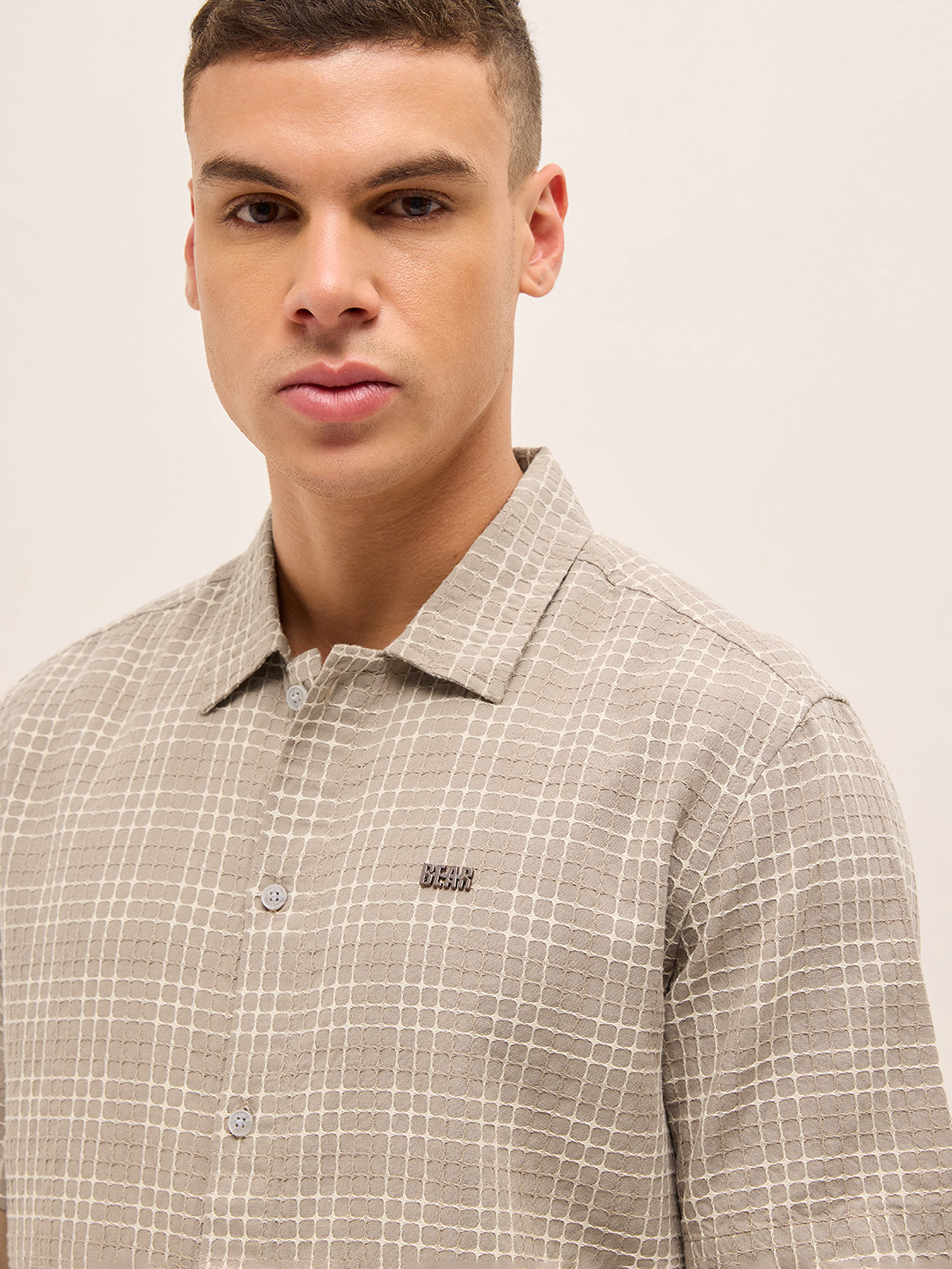 Beige Textured Checked Regular Fit Half-Sleeve Casual Shirt