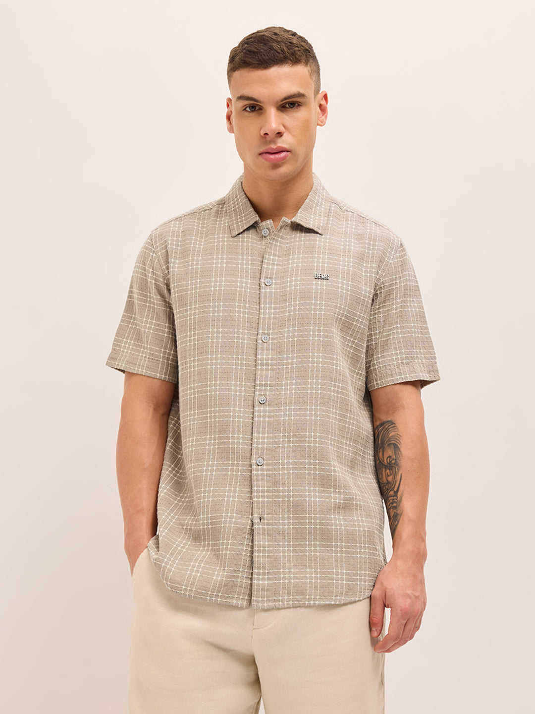Beige Textured Checked Regular Fit Half-Sleeve Casual Shirt