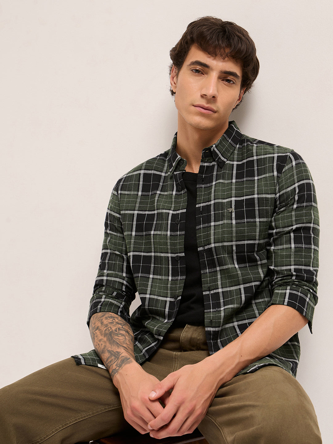 Olive & Black Woven Check Slim Fit Casual Shirt