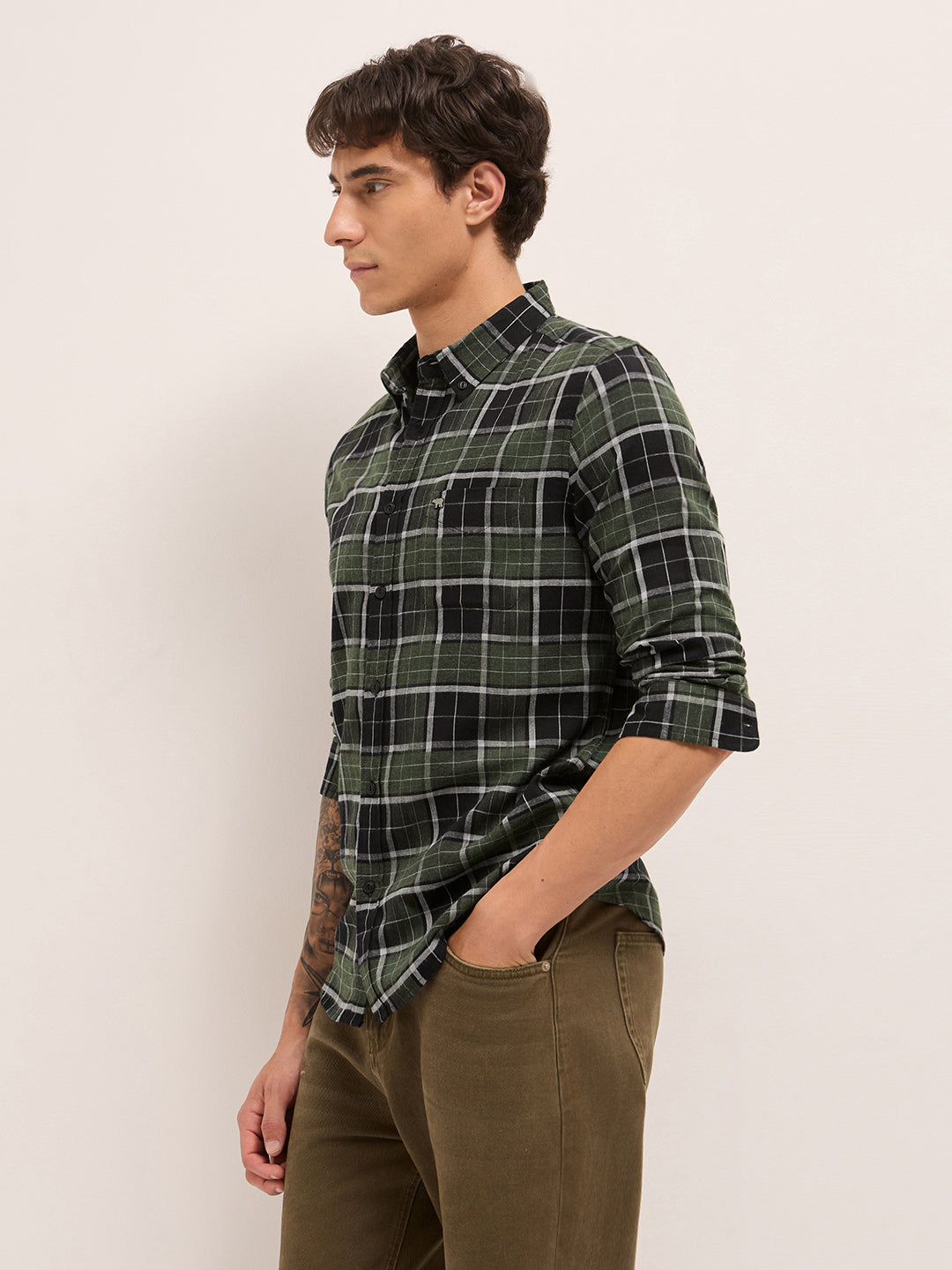 Olive & Black Woven Check Slim Fit Casual Shirt