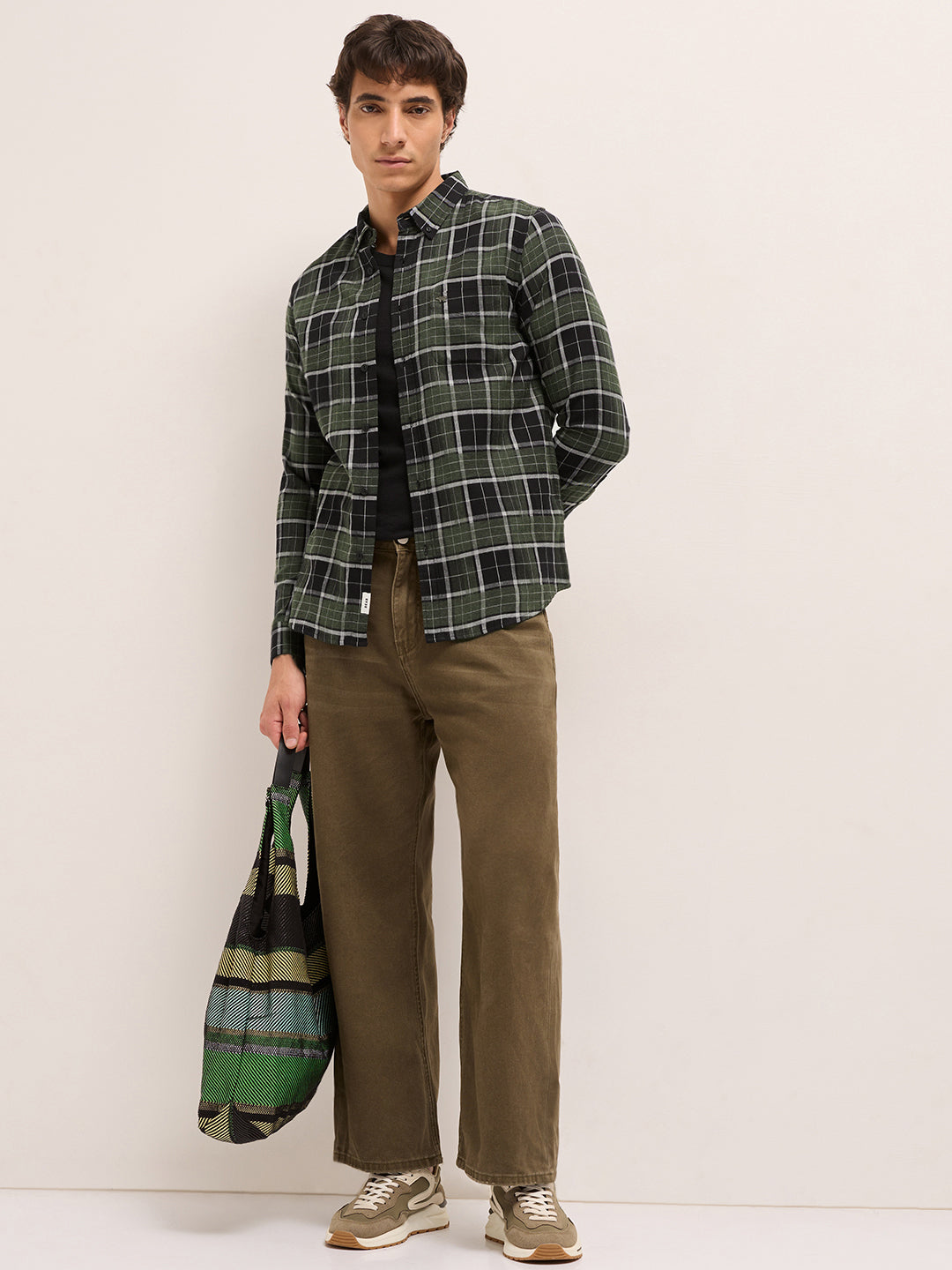 Olive & Black Woven Check Slim Fit Casual Shirt