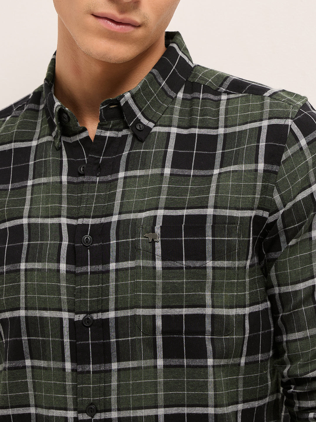 Olive & Black Woven Check Slim Fit Casual Shirt