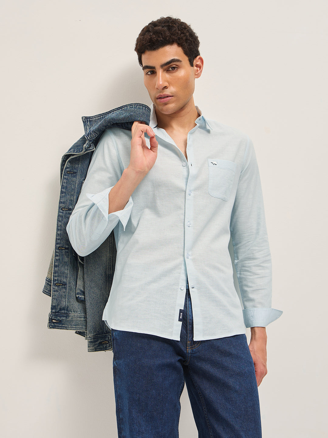 Light Blue Cotton Linen Slim Fit Solid Casual Shirt