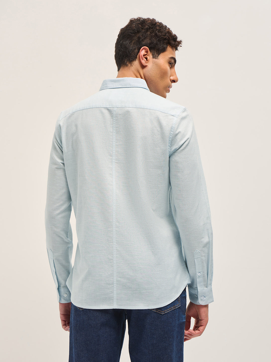 Light Blue Cotton Linen Slim Fit Solid Casual Shirt