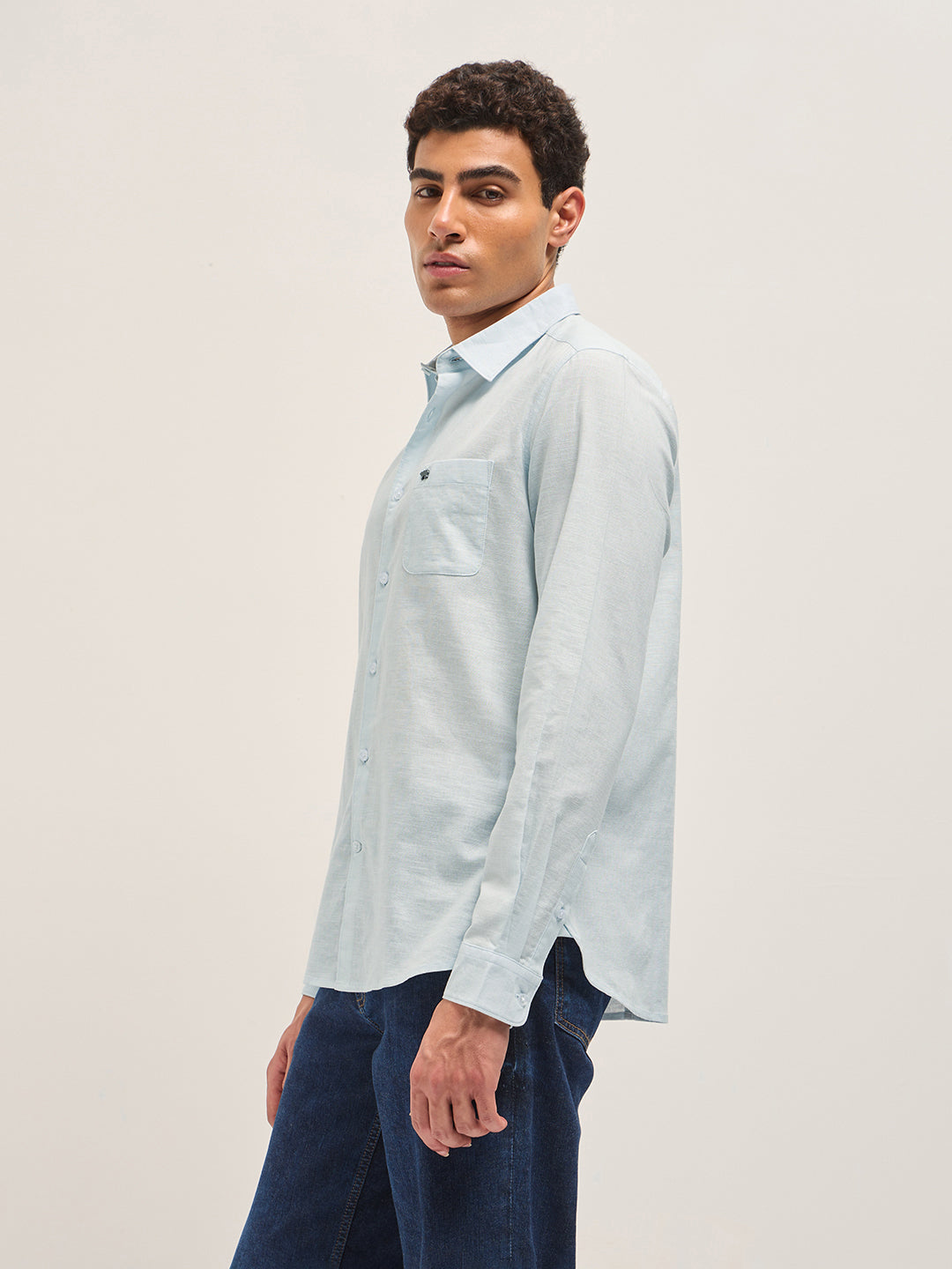 Light Blue Cotton Linen Slim Fit Solid Casual Shirt